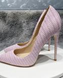 Tikicup Pink Embossed Pattern Fabric Women Pointy Toe High Heel Party Wedding Shoes Ladies  Designer Stiletto Puimps 44 