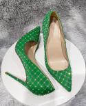 Tikicup Rhinestones Women Green Flock Fabric Plaid Pointy Toe High Heel Shoes  Stunning Designer Slip On Stiletto Pumps