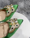 Tikicup Glitter Butterfly Decor Women Green Satin Silk Pointy Toe High Heel Shoes Wedding Party Elegant Slip On Stiletto