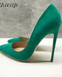 Tikicup Women Solid Green Flock Pointed Toe High Heels Chic Wedding Shoes Ladies Sythenic Suede Fashion Designer Stilett