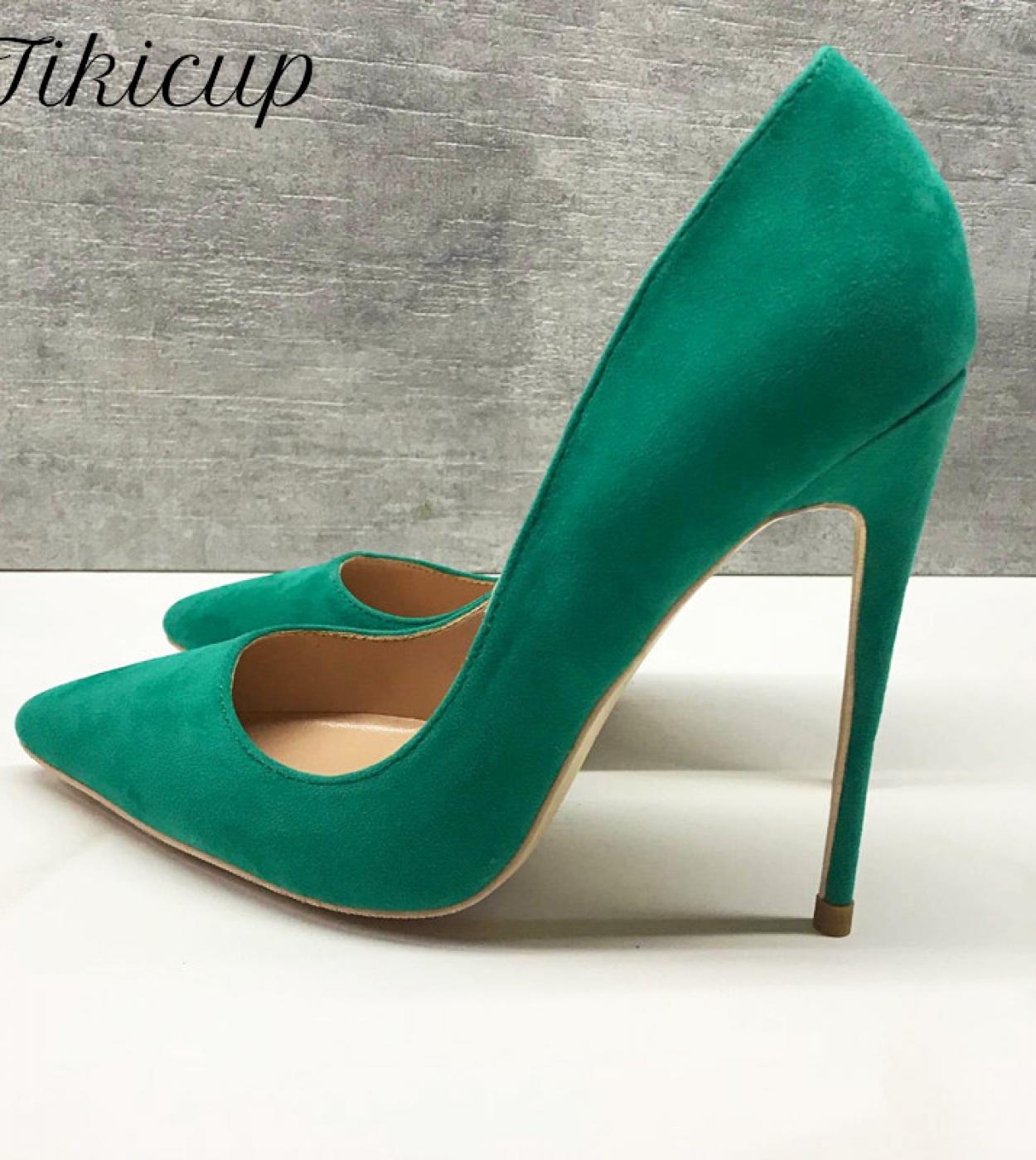 Tikicup Women Solid Green Flock Pointed Toe High Heels Chic Wedding Shoes Ladies Sythenic Suede Fashion Designer Stilett