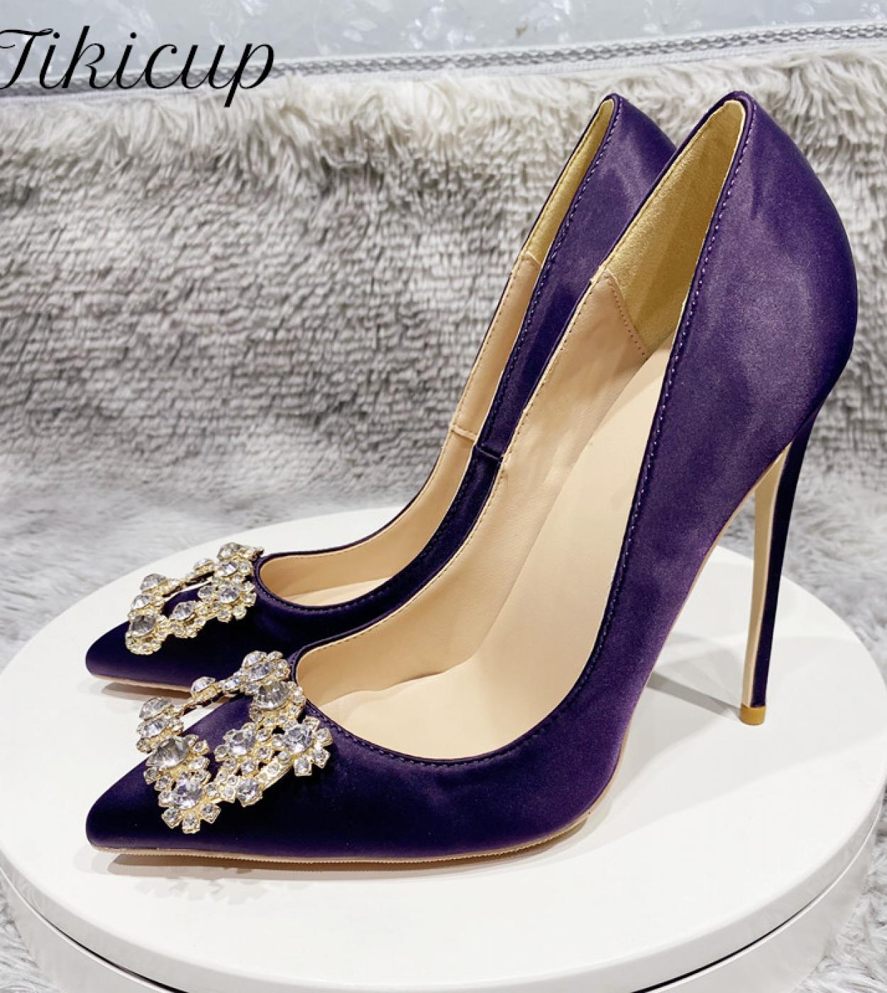 Tikicup Glitter Square Decor Women Purple Satin Pointy Toe 80 120mm High Heel Wedding Party Shoes Elegant Ladies Stilett