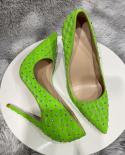 Tikicup Fluo Green Plaid Pattern Rhinestones Decor Women Fabric Pointy Toe High Heel Shoes  Stiletto Pumps Comfortable
