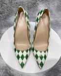 Tikicup Green White Checkered Crocodile Effect Women Pointy Toe High Heel Shoes 12cm 10cm 8cm Fashion Designer Stiletto 