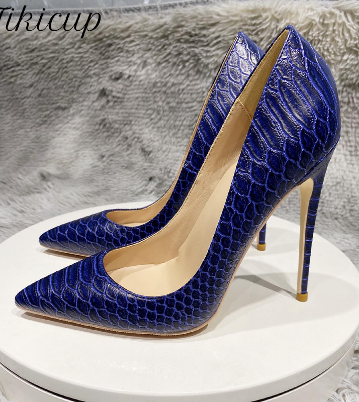 Tikicup أزرق كحلي شكل التمساح نمط المرأة T مدبب تو أحذية عالية الكعب السيدات أنيقة الانزلاق على مضخات خنجر مقاس 33