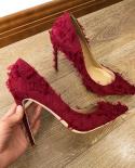 Tikicup Burgundy Women Tassel Fabric Pointed Toe Stiletto Pumps Distressed Extremely High Heel Shoes For Ladies 8cm 10cm