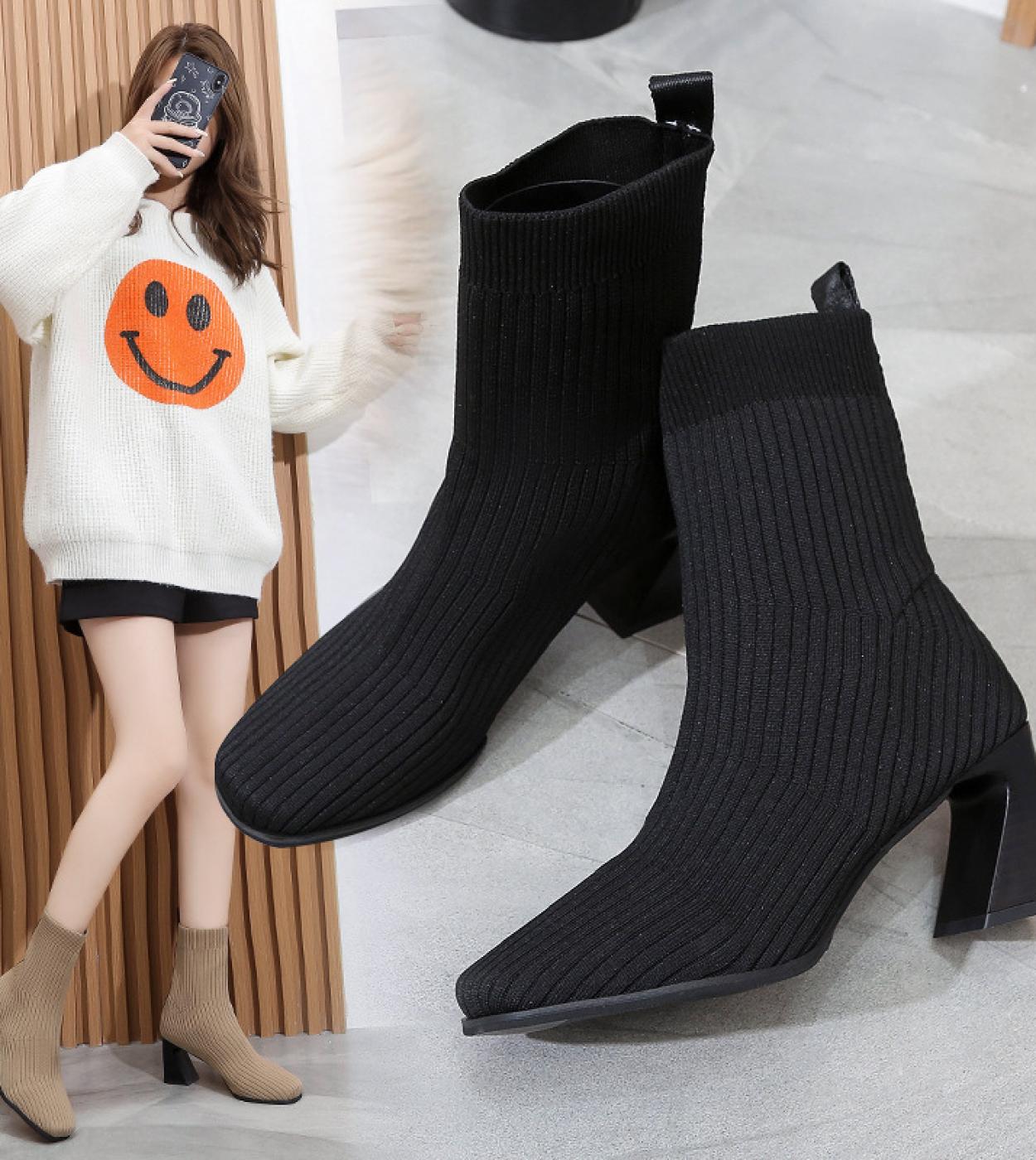 US 38.04 Women New Knitting Sock Boots Fashion Stretch Plus Size High Heels Shoes Ankle Boots Female Chunky Heels Square Toe Shor Description