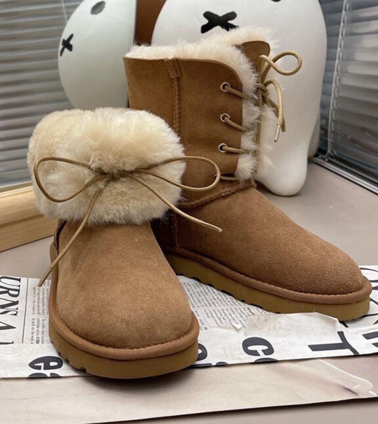 2023 New Winter Snow Boots For Women Fashion Bow Tie Lace Up Mid Calf Boots Ladies Platform Cotton Boots Warm Plush Wome