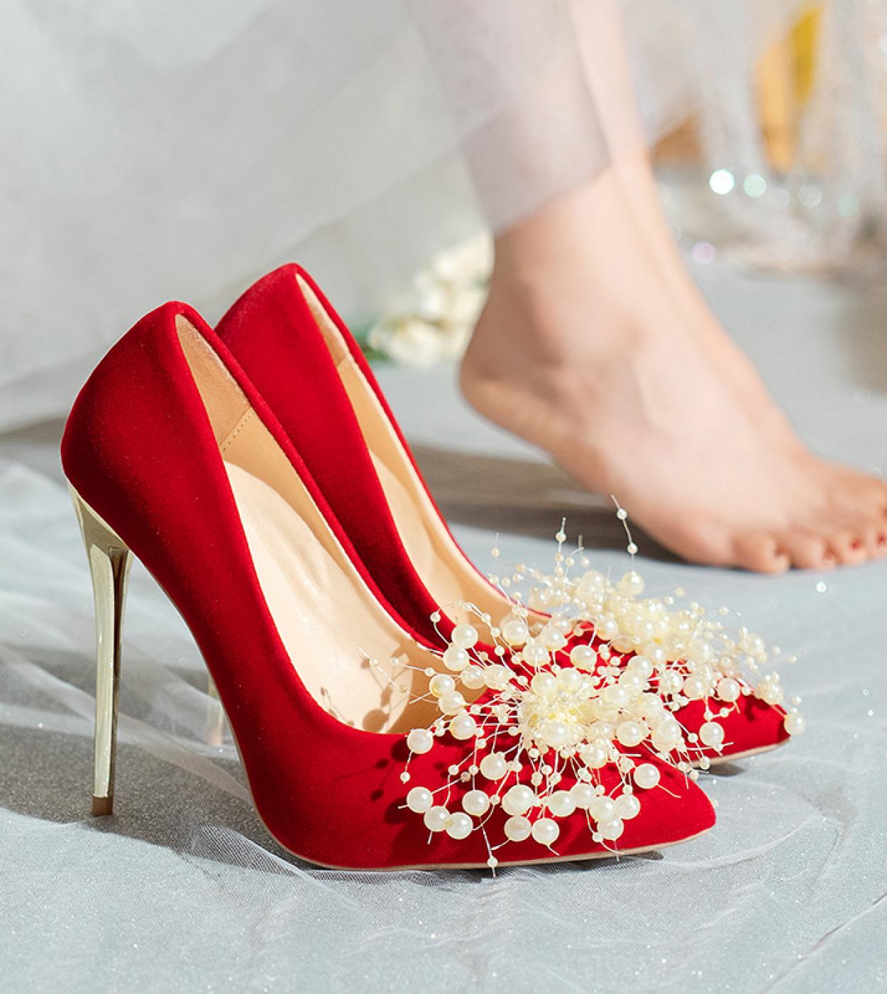 US 21.24 Red 12 Cm High Heels Women Shoes Fashion Pointed Toe Shallow Plus Size Pumps Female Pearls Wedding Bridal Party Shoes Za Description