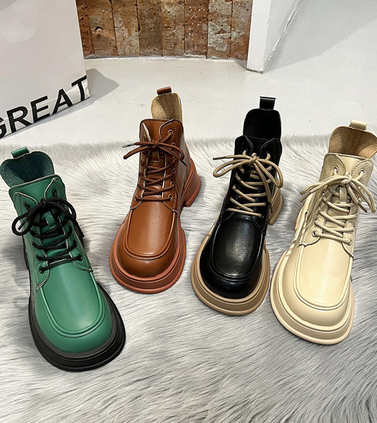 2022 New Womens Ankle Boots Women Autumn Winter Round Toe Lace Up Shoes Women Fashion Casual Motorcycle Platform Short 