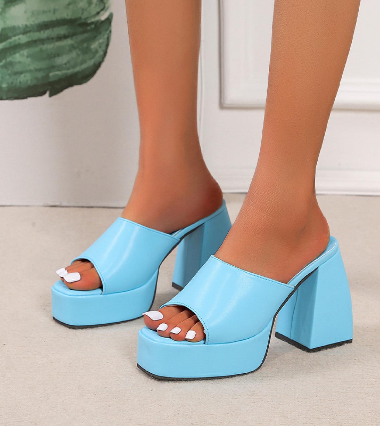 2022 New Fashion Ladies Slippers Summer Shoes Square Toe Slippers Chunky Heel Ladies Open Toe Sandals Heightened Wedge S