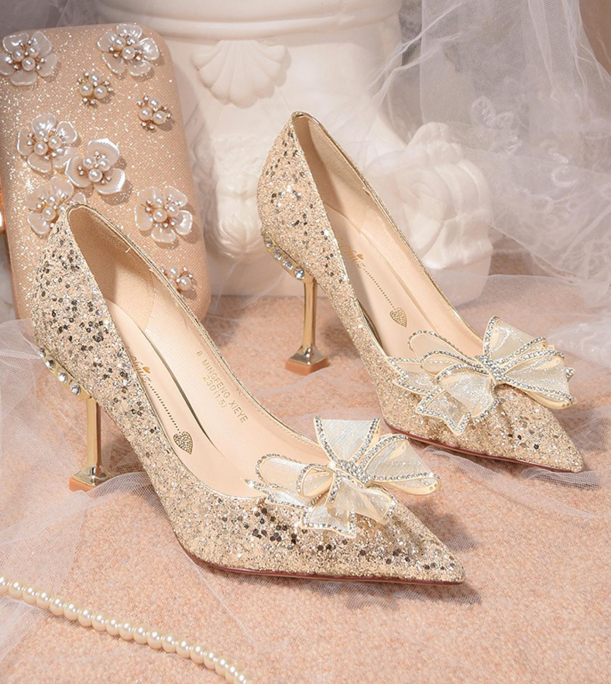 Women Shoes High Heels 2023 New Women Pumps Sequins High Heels Women Shoes  Ladies Wedding Party Bow Tie Stiletto Heels