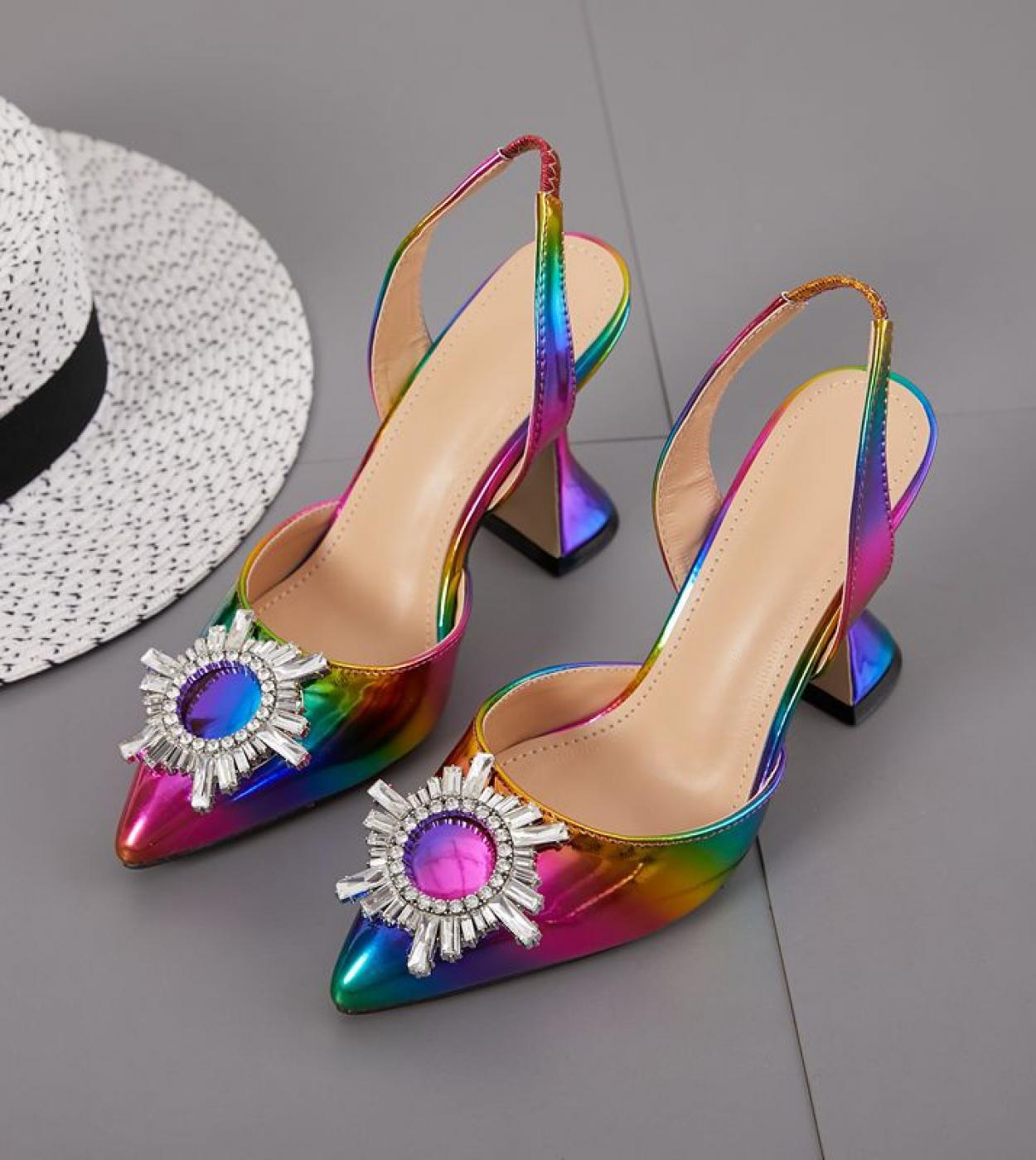 2022 New Summer Fashion Womens High Heel Sandals Pointed Toe Rhinestones Sunflower Pointed Toe Roman Party Bling  Heels