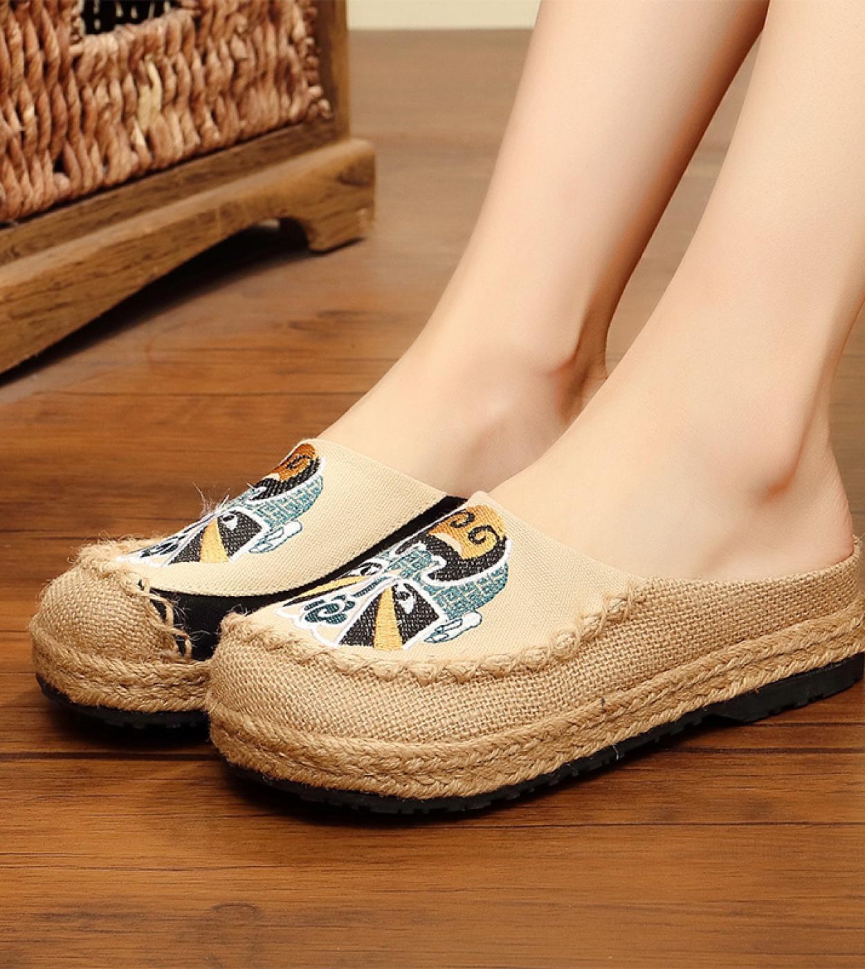 New Women Flax Beijing Opera Facebook Embroidery Slippers Retro Ethnic Handmade Weave Female Shoes Flat Casual Breathabl
