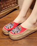 New Women Flax Beijing Opera Facebook Embroidery Slippers Retro Ethnic Handmade Weave Female Shoes Flat Casual Breathabl