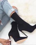 2022 Autumn Winter Socks Boot Women High Heels  Shoes Plus Size Pointed Toe Solid Color Stretch Ankle Boots Femmes Botte