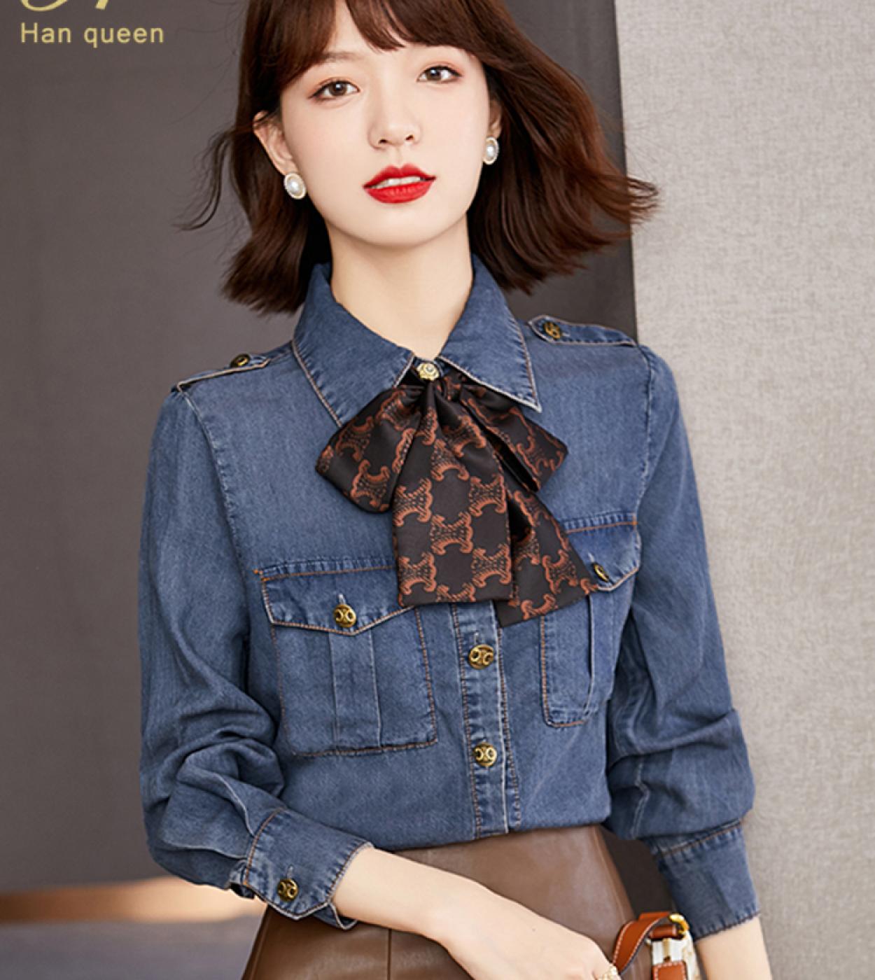 US 31.50 H Han Queen Autumn Blusas Womens Denim Shirt Lace Up Blouse Vintage Work Casual Tops Elegant Simple Loose Women Business Description