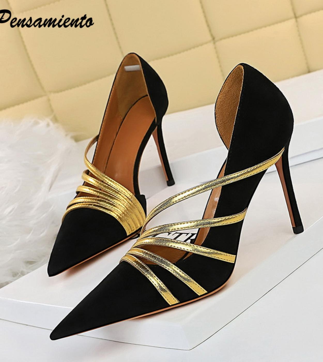 US 40.78 Big Size 34 43 Flock Shallow Women Pumps Fashion Narrow Band Thin High Heels Office Lady Shoes Spring Summer Party Prom Description