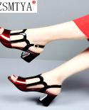  New Women Peep Toe Sandals Summer Square Mid Heel Ankle Buckle Hollow Out  Style Female Footware Winered  Womens Sanda