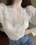 Sweet Flower Lace Shirt Female Vintage V Neck Lantern Sleeve Women Blouse Slim Elegant Cropped Shirts Top Women Clothes 
