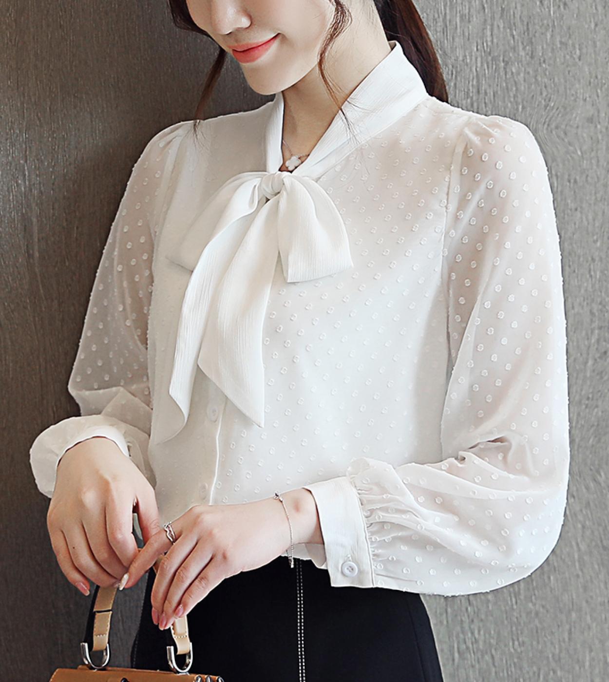 43 34 US Nueva camisa blanca de chifon de primavera para mujer blusas de manga larga con lazo y escote en V blusas informales elegantes Description