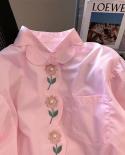 Chic Embroidered Flower Button Women Blouse Elegant Cotton Vintage Shirt Woman Loose Polo Collar Long Sleeve Pink Shirts