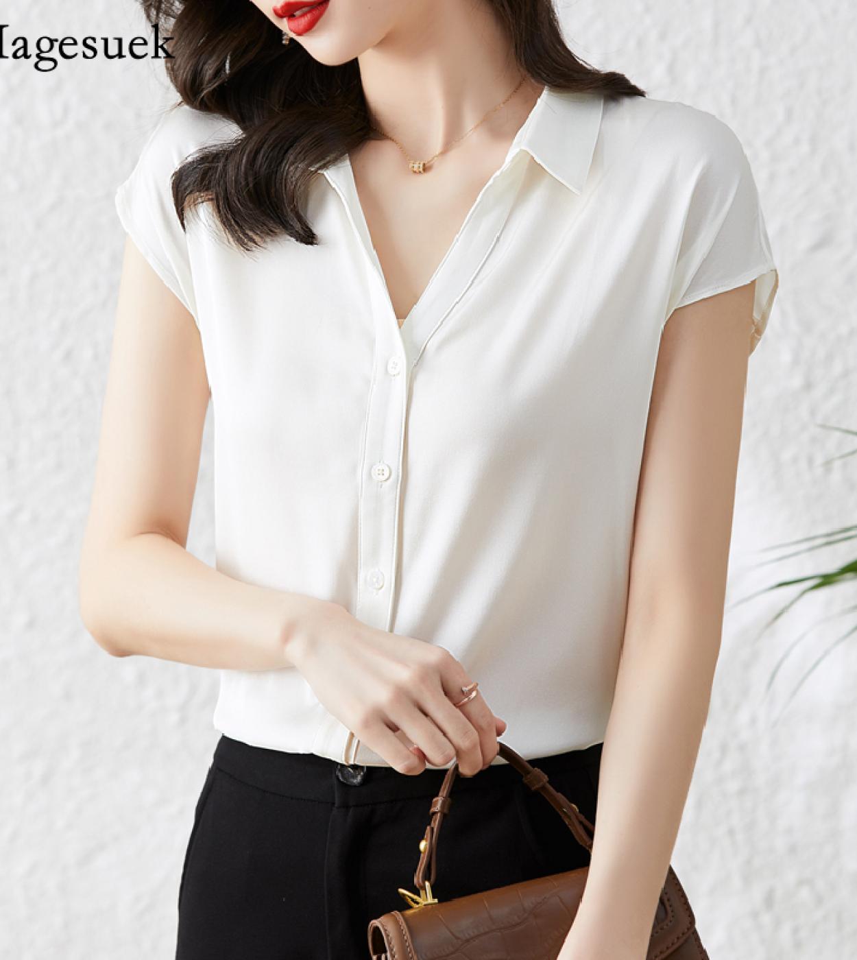 US$26.47-Short Sleeve Satin White Shirt Women Casual Office Lady Tops  Summer Loose Turn Down Collar Solid Blouse Women Clothing N-Description