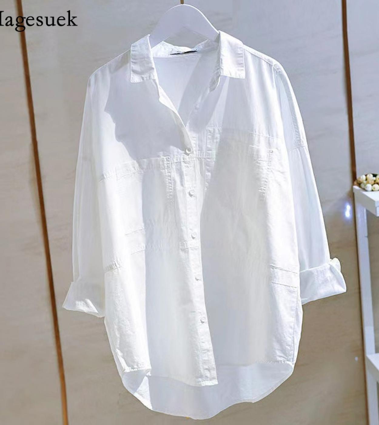 US$25.48-Autumn Long Sleeve Shirt Women 2022 Fashion Loose White Blouse  Women Casual Retro Button Cotton Shirts Elegant Tops Blus-Description