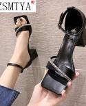  Vintage Thick High Heels Sandals Women Ankle Strap Casual Summer Shoes Woman Black Shallow Rome Shoes Ladiesmiddle Heel