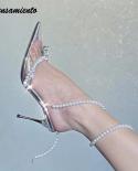 Fashion Clear Plexiglass Women Sandals Crystal Pearls Ankle Strap High Heels Gladiator Sandals Spring Summer Party Prom 