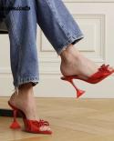  Ins Style Luxury Rhinestones Bowknot Women Sandals Fashion Female Mules Slides Summer Red Soft Pvc High Heels Jelly Sho