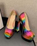 14cm Ultra High Heels Glitter Patent Leather Rainbow Women Pumps  Peep Toe Colorful Platform Wedges Female Party Club Sh