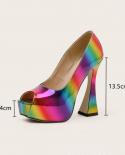 14cm Ultra High Heels Glitter Patent Leather Rainbow Women Pumps  Peep Toe Colorful Platform Wedges Female Party Club Sh