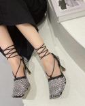 Star Style Crystal Mesh Women Pumps  Ankle Strap Square Toe High Heels Female Sandals Spring Summer Hollow Party Dress S