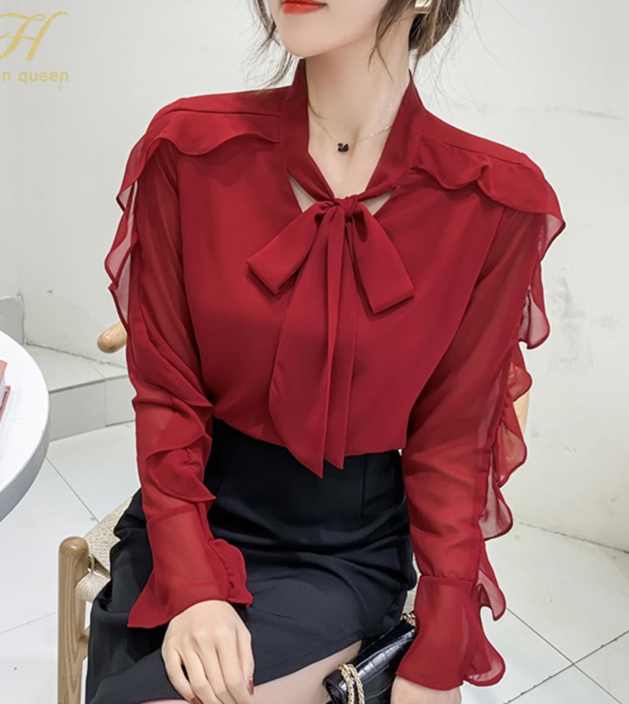 US 26.43 H Han Queen New Spring Office Lady Blusa Ruffles Lace Up