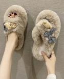 Winter Slippers Women Cute Bear Cross Fluffy Fur Slipper Home Slides Platform Flat Indoor Floor Flip Flops Women Ladies 