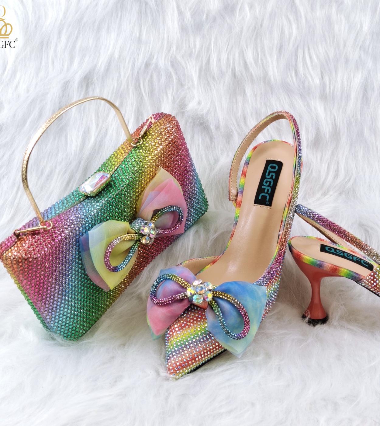 Qsgfc 2022 New Arrival Rainbow Color Shoes And Bag With Full Diamond Butterfly Accessories For Party Wedding  Pumps