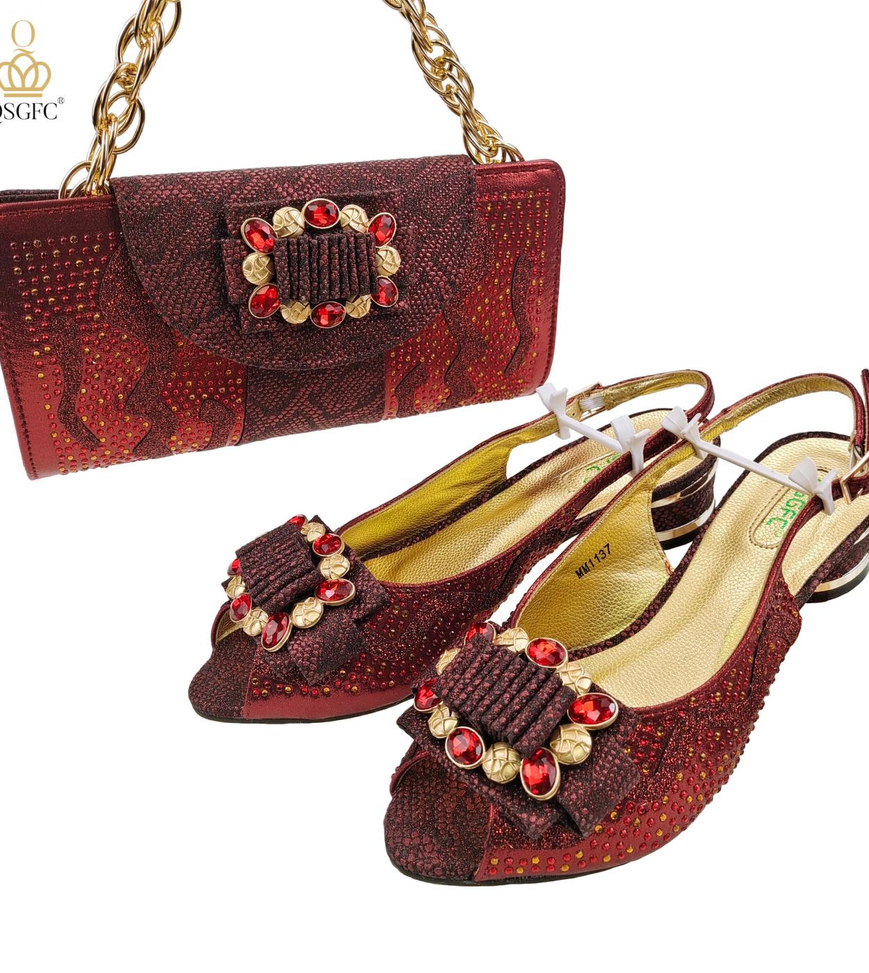 Qsgfc Wine Color Peep Toe Shoes With Snakeskin Tote Bag Fashion Banquet Ladies Shoes And Bag Set