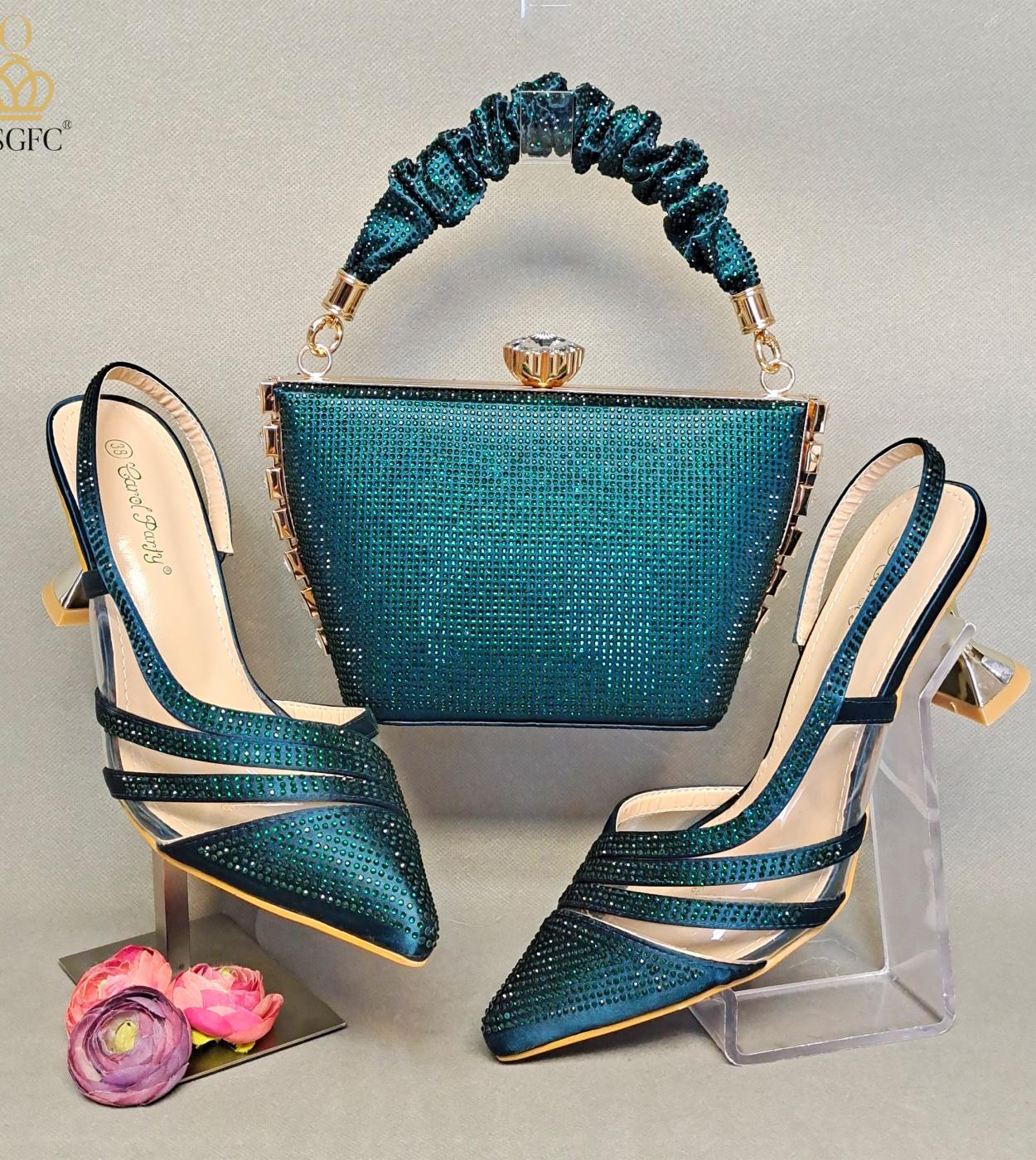 Qsgfc الأخضر بلون الماس الديكور أنيقة وبسيطة مجموعة حقيبة أحذية نسائية رائعة للحفلات