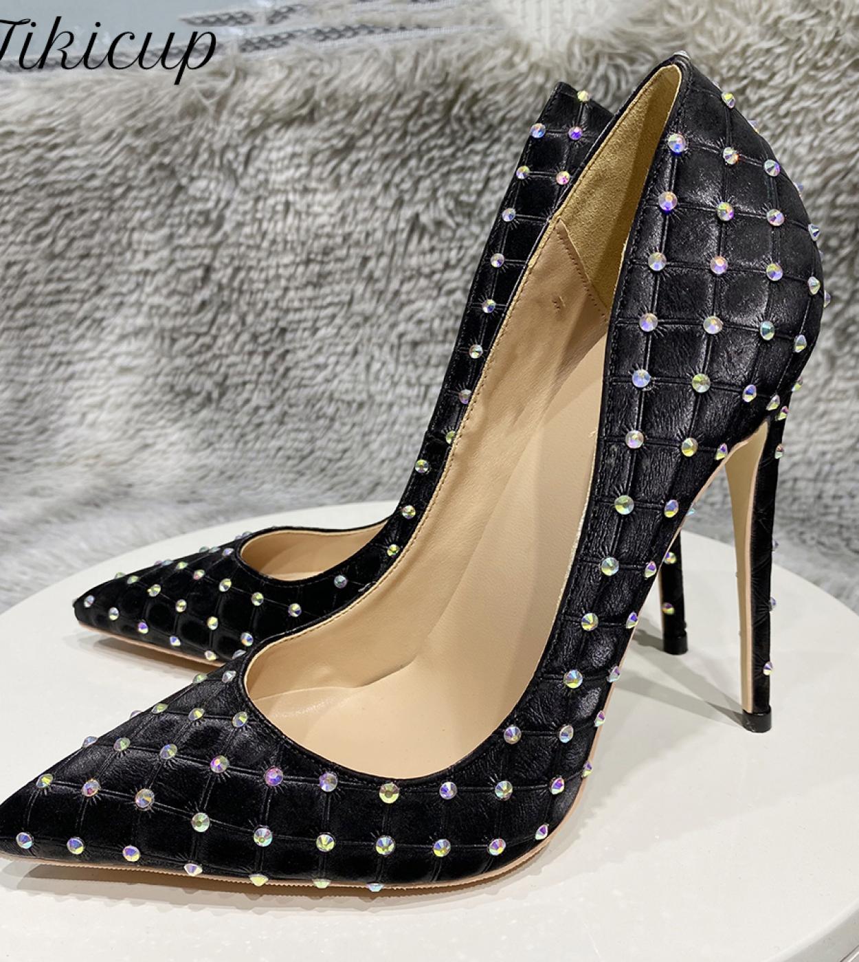 Tikicup Rhinestones Women Black Plaid Fabric Pointy Toe High Heel Shoes Stunning Party Stiletto Pumps 8cm 10cm 12cm Cust