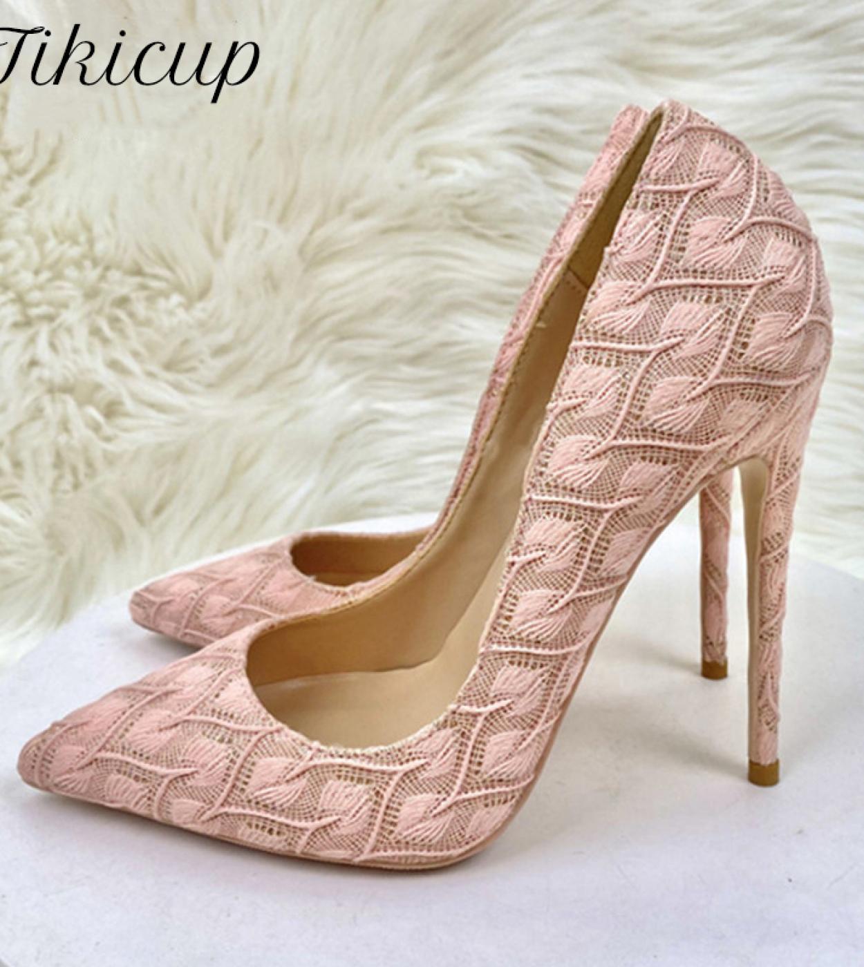 Tikicup Elegant Women Pink Lace Fabric Pointy Toe High Heel Wedding Bridemaids Shoes Comfortable 8cm 10cm 12cm Stiletto 