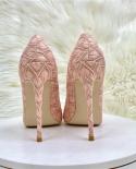 Tikicup Elegant Women Pink Lace Fabric Pointy Toe High Heel Wedding Bridemaids Shoes Comfortable 8cm 10cm 12cm Stiletto 