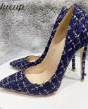 Tikicup Navy Blue Plaid Pattern Women Distressed Fabric Pointy Toe High Heel Shoes Elegant Ladies Stiletto Pumps Plus Si