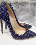 Tikicup Navy Blue Plaid Pattern Women Distressed Fabric Pointy Toe High Heel Shoes Elegant Ladies Stiletto Pumps Plus Si
