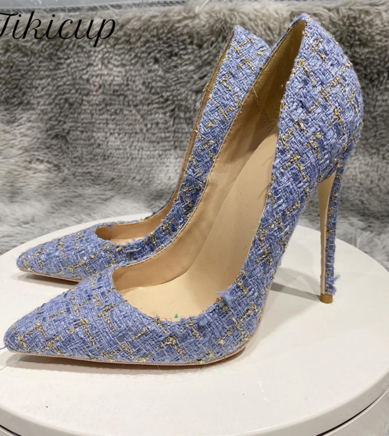 Tikicup Blue Plaid Woomen Fabric Pointy Toe High Heel Shoes Elegant Ladies Comfortable Slip On Stiletto Pumps Size 33 44