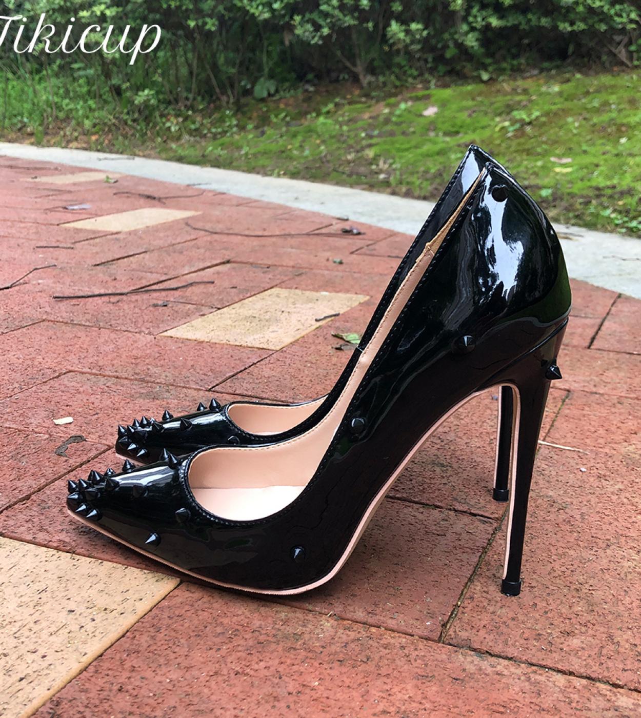 61,95 US$-Tikicup, zapatos negros brillantes de charol para mujer, zapatos de tacón alto con punta en pico, zapatos de tacón de aguj-Description