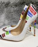 Tikicup Colored Painted Women White Crocodile Effect Pointy Toe High Heel Party Shoes Snakeskin  Stiletto Pumps 8 12cm