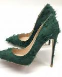 Tikicup Green Tassel Distressed Fabric Stiletto High Heels Fashion Designer Chic Ladies  Pumps Pointy Dress Shoes Size 4