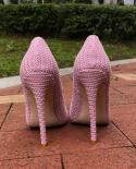 Tikicup Pink Women Woven Fabric Pointed Toe Stiletto Pumps Ladies Wedding Bridemaids Shoes 8cm 10cm 12cm High Heels Size