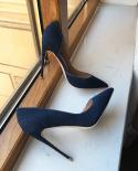Tikicup Navy Blue Women Denim Fabric Dorsay High Heel Shoes 8cm 10cm 12cm Pointy Toe Elegant Stiletto Pumps Comfortable